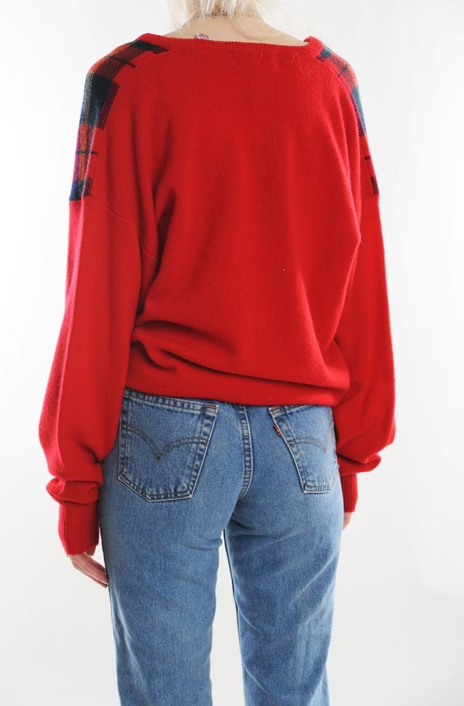 Red Plaid Wool Sweater
