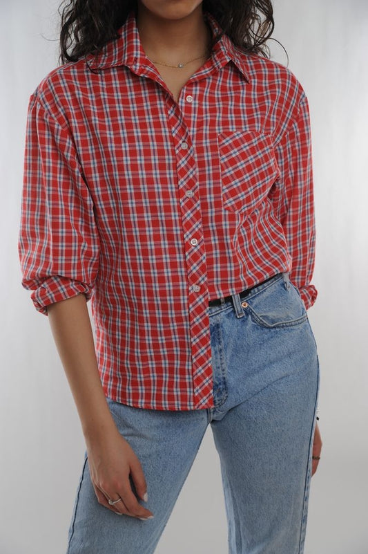 Red Plaid Button Blouse