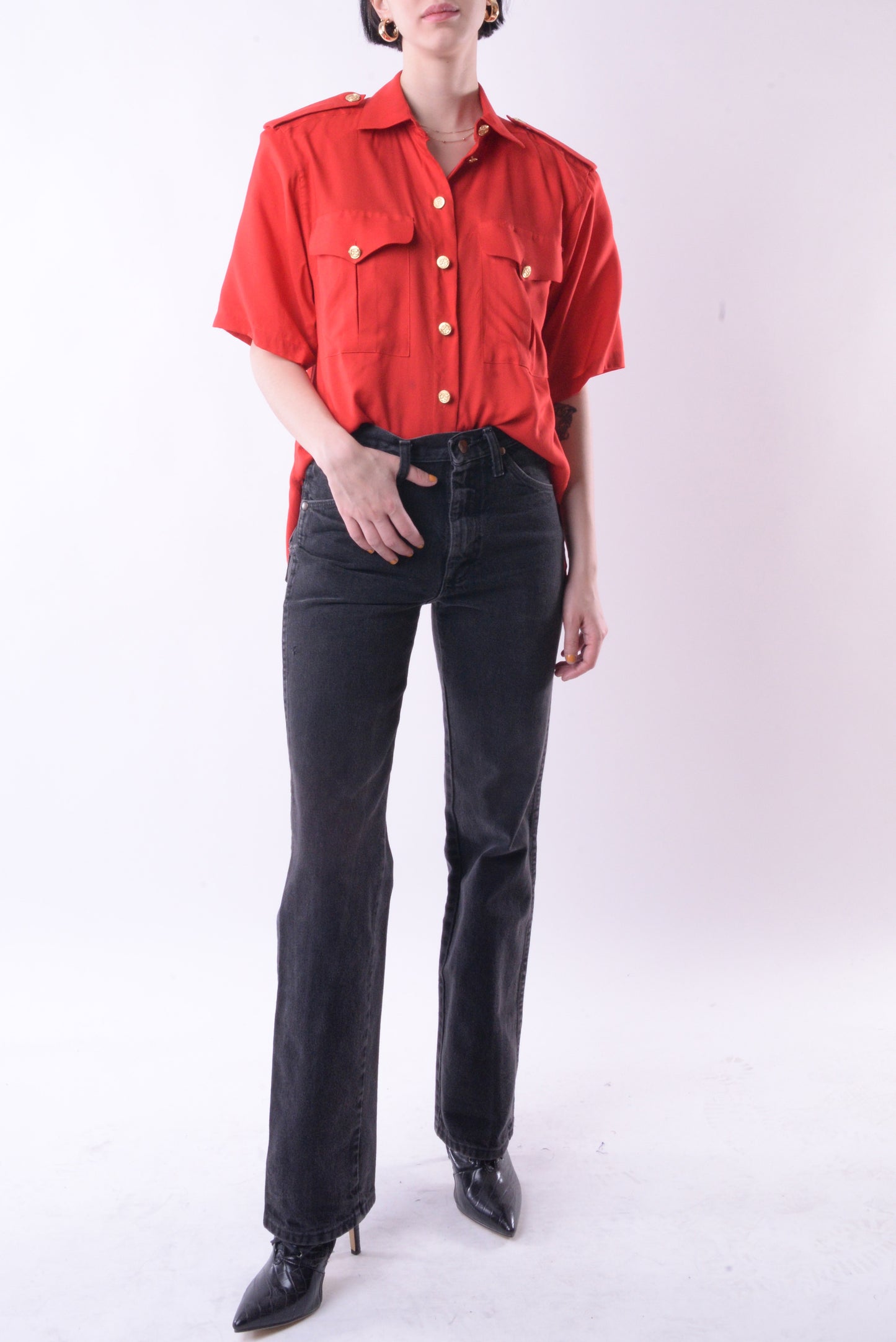 Gold Button Red Blouse