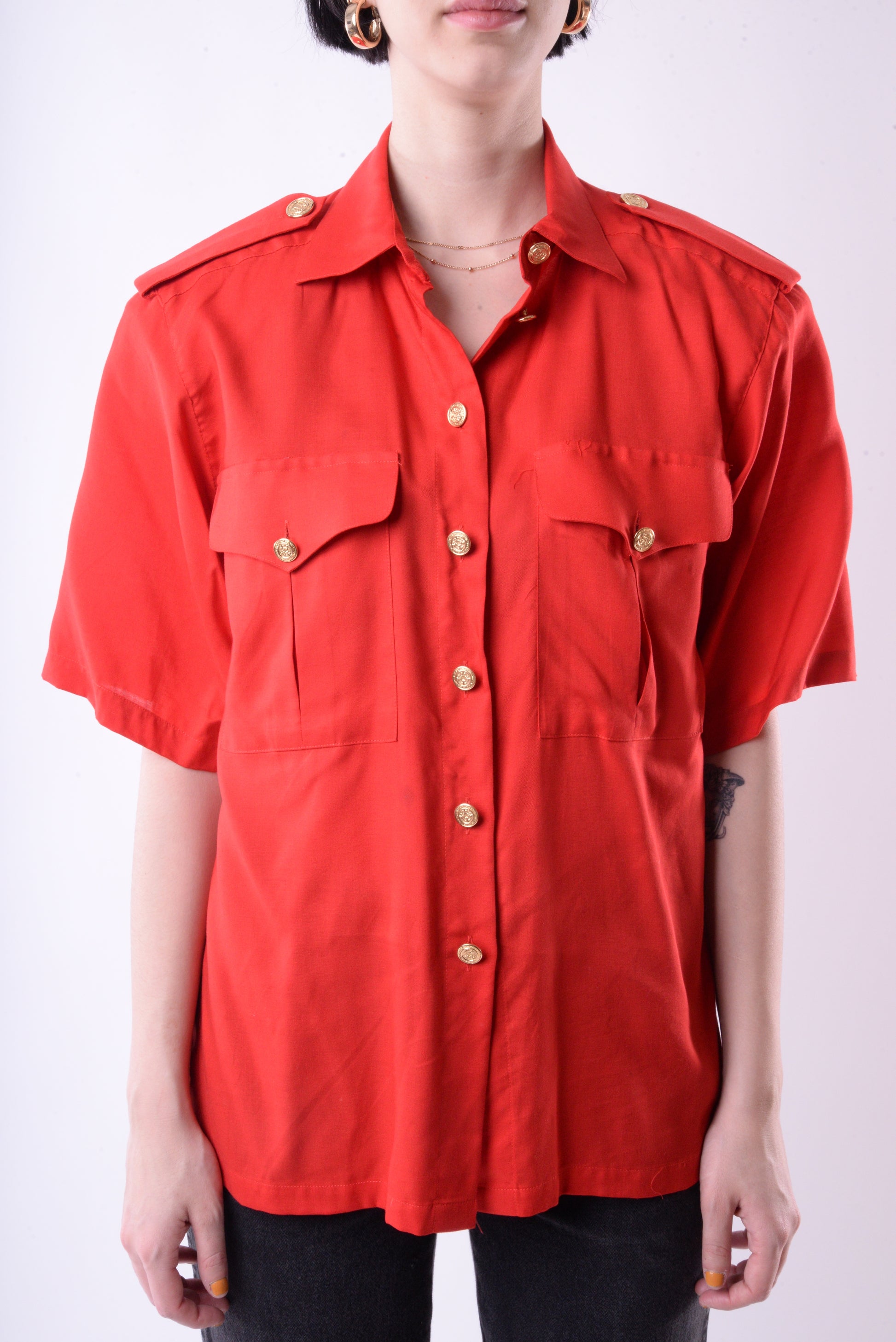 Gold Button Red Blouse