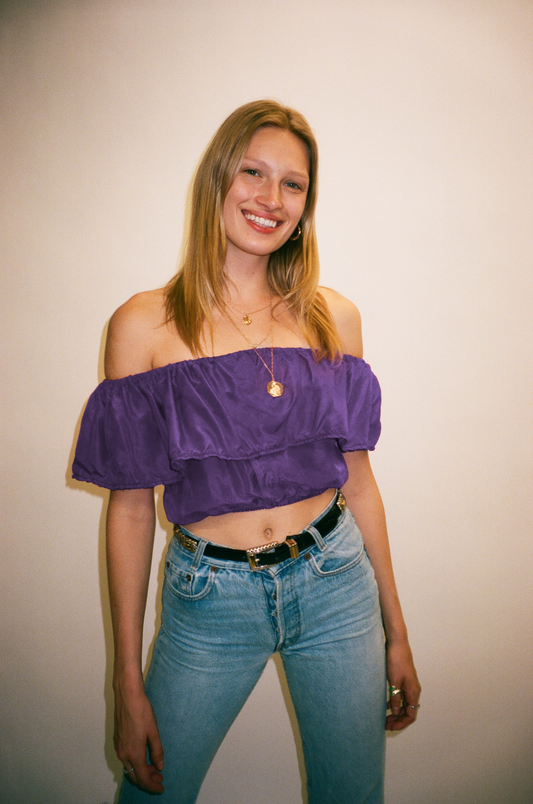 Purple Silk Off-The-Shoulder Cropped Top